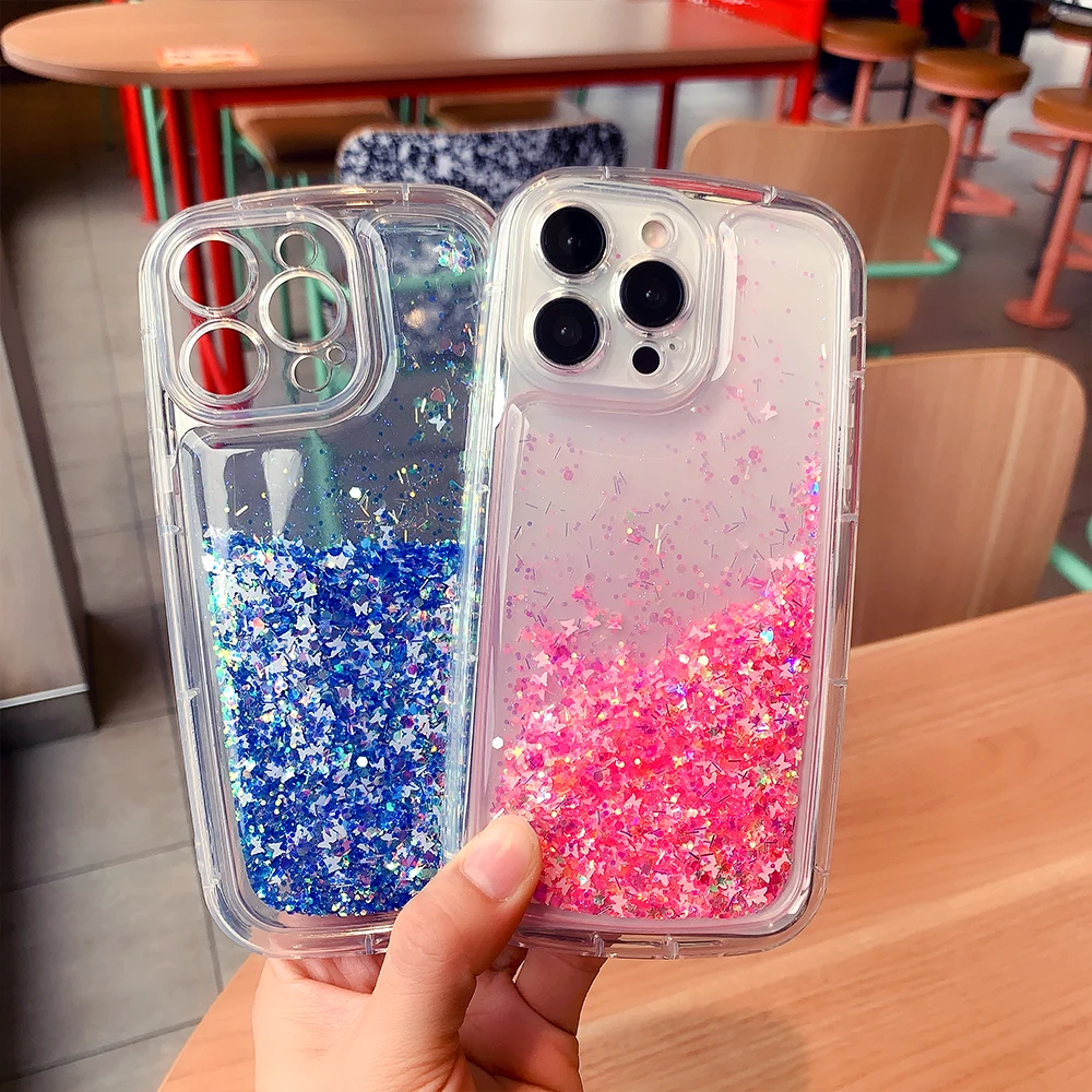 Чехол для iPhone 14 Pro Max, противоударный Прозрачный блестящий чехол с жидкостью и зыбучим песком для iPhone13 12 11, милый жесткий чехол