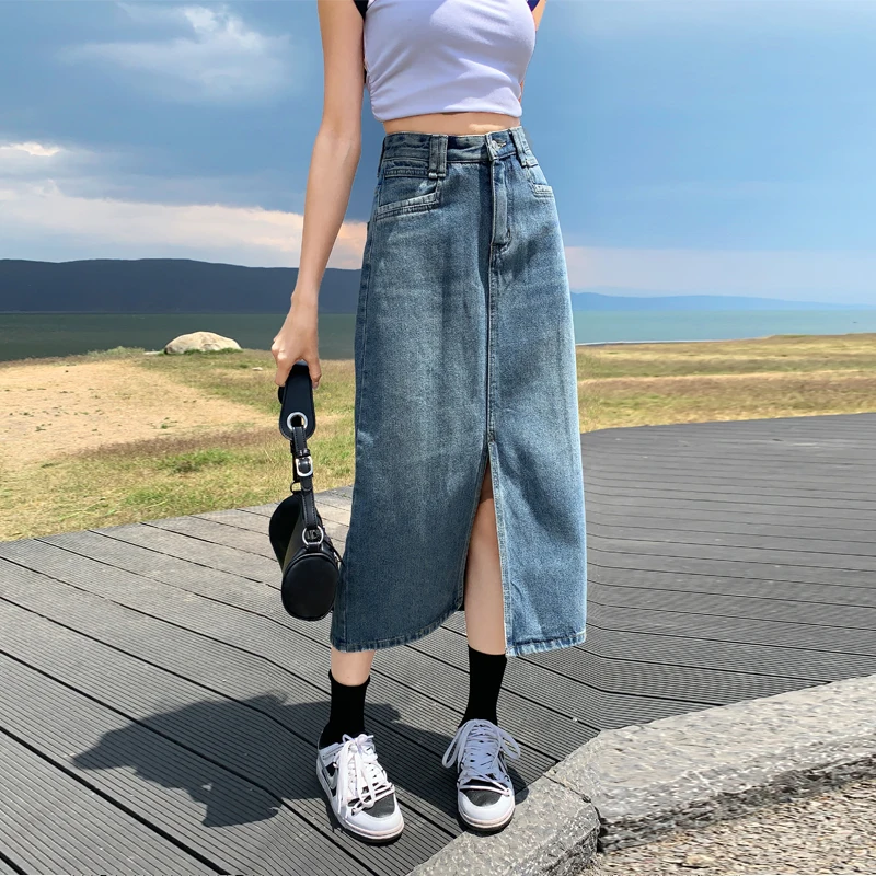 

Fashioin Versatile Split Denim Skirt for Women Summer High Waist Loose Slim A-line Mid Length Wrap Hip Skirts