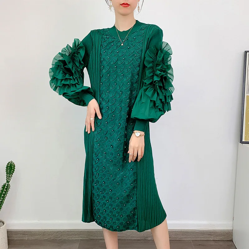 

MUHUIZI Spliced Embroid Pleated Dress For Women Round Neck Long Sleeves Nail Bead Dresses Solid Female Clothes 2023 New kaftan