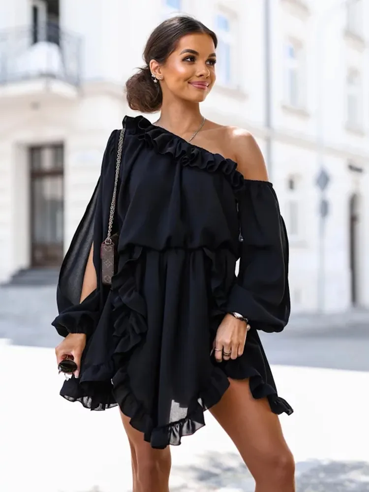 

Summer Slash Neck Ruffles Dresses for Women 2022 New Ladies Fashion Casual Solid Color One Shoulder Female Elastic Waist Femme