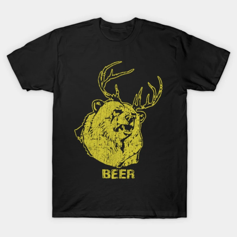 

Медведь + олень = пиво. Смешная Дизайнерская футболка с юмором и медведем Из рогов. Повседневная футболка свободного кроя из 100% хлопка с коротким рукавом и круглым вырезом