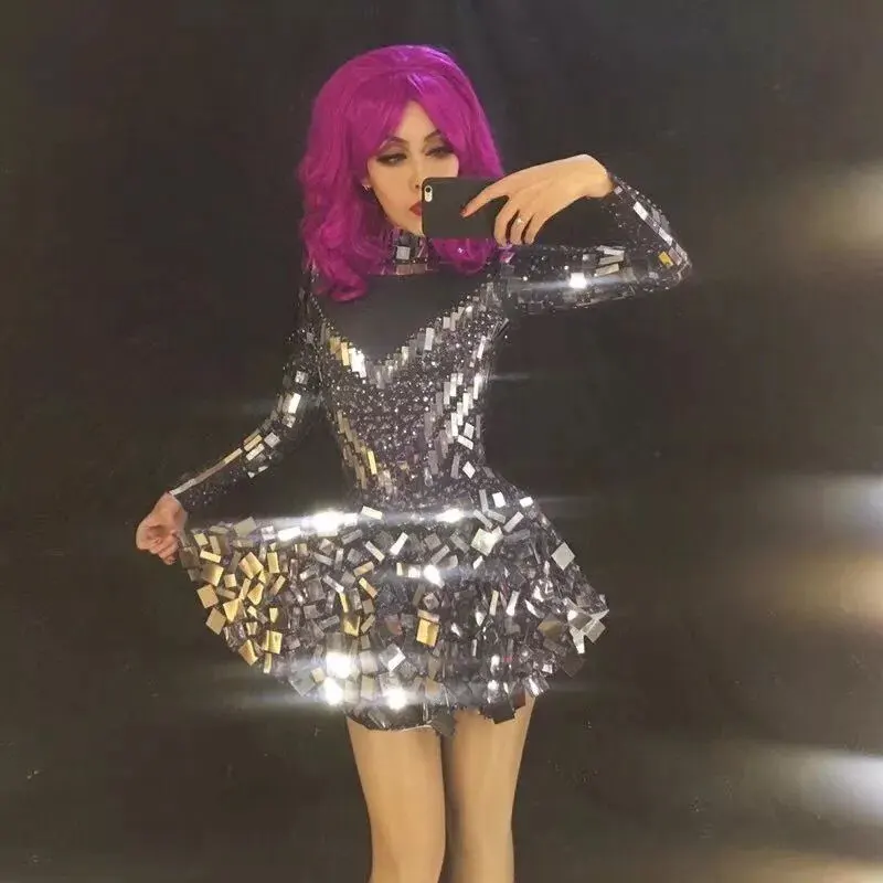 

Black color Singer mirror dress stage dance wears Sparkly Silver Sequins Bodysuit Dress Rhinestone Costume