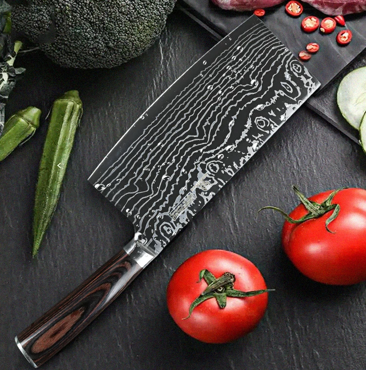 

Кухонный нож из нержавеющей стали, поварские ножи с имитацией Дамасского узора, 6,8 дюйма, 5Cr1 5mov, кухонный нож мясника, мясницкий нож с деревян...