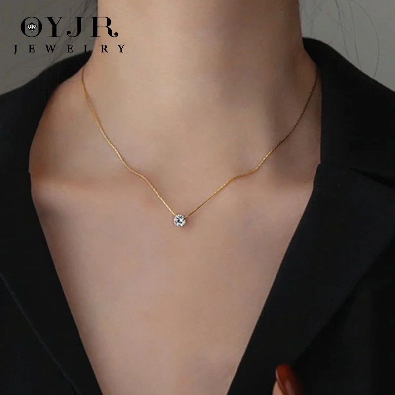 OYJR Crystal Necklace Zircon Women Stainless Fashion Pendant Necklaces Choker Long Chain Titanium Steel Gift Jewelry Accessories