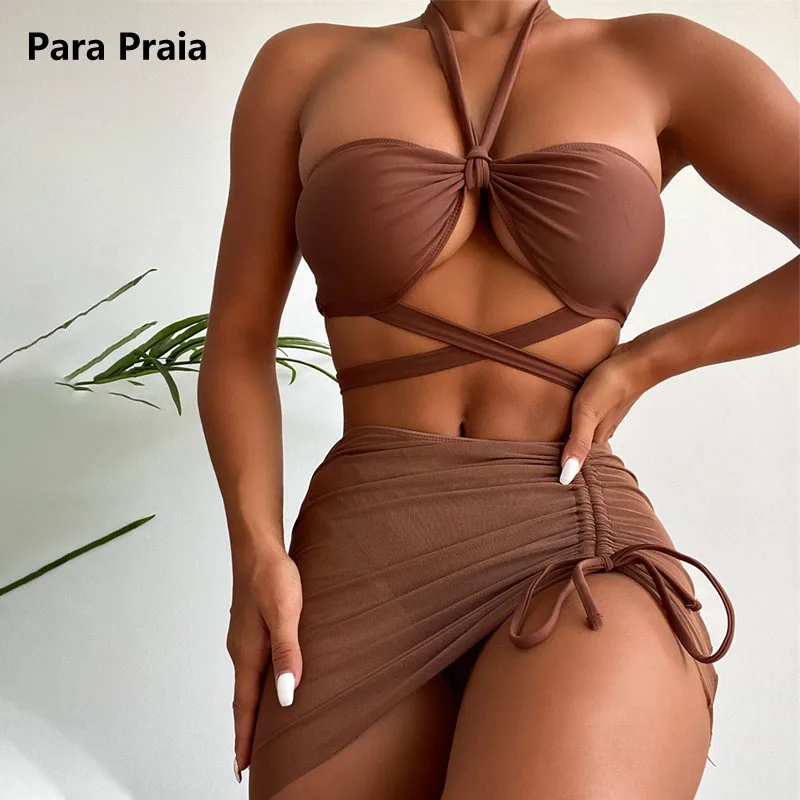 

Para Praia 2022 Three-pieces Bikini Set with Skirt Women Swimwear Halter Bandeau Female Swimsuit Bather Bathing Suit Swim Lady