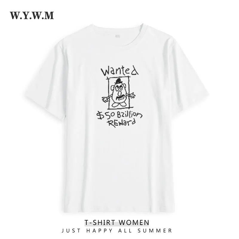 

WYWM Summer Hand-painted Cartoon Printed Tshirts Women Simple Harajuku Funny Graphic Tee Loose White Short Sleeve Female Tops