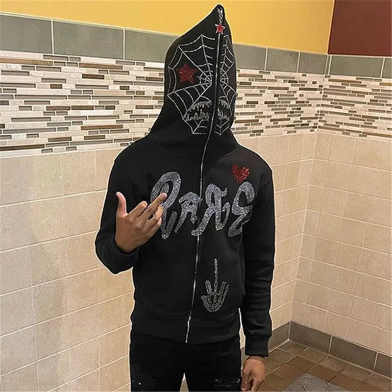 Y2K Full Zip Up Hoodie Men Autumn Winter Gothic Rhinestones Spider Web Sweatshirt Hip Hop Skeleton Oversized Hoodies Jacket Coat