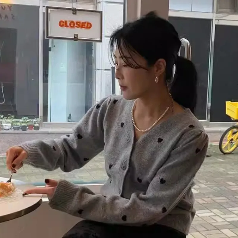 Жаккардовый женский кардиган Love Heart 2024 однобортный верхний костюм с v-образным