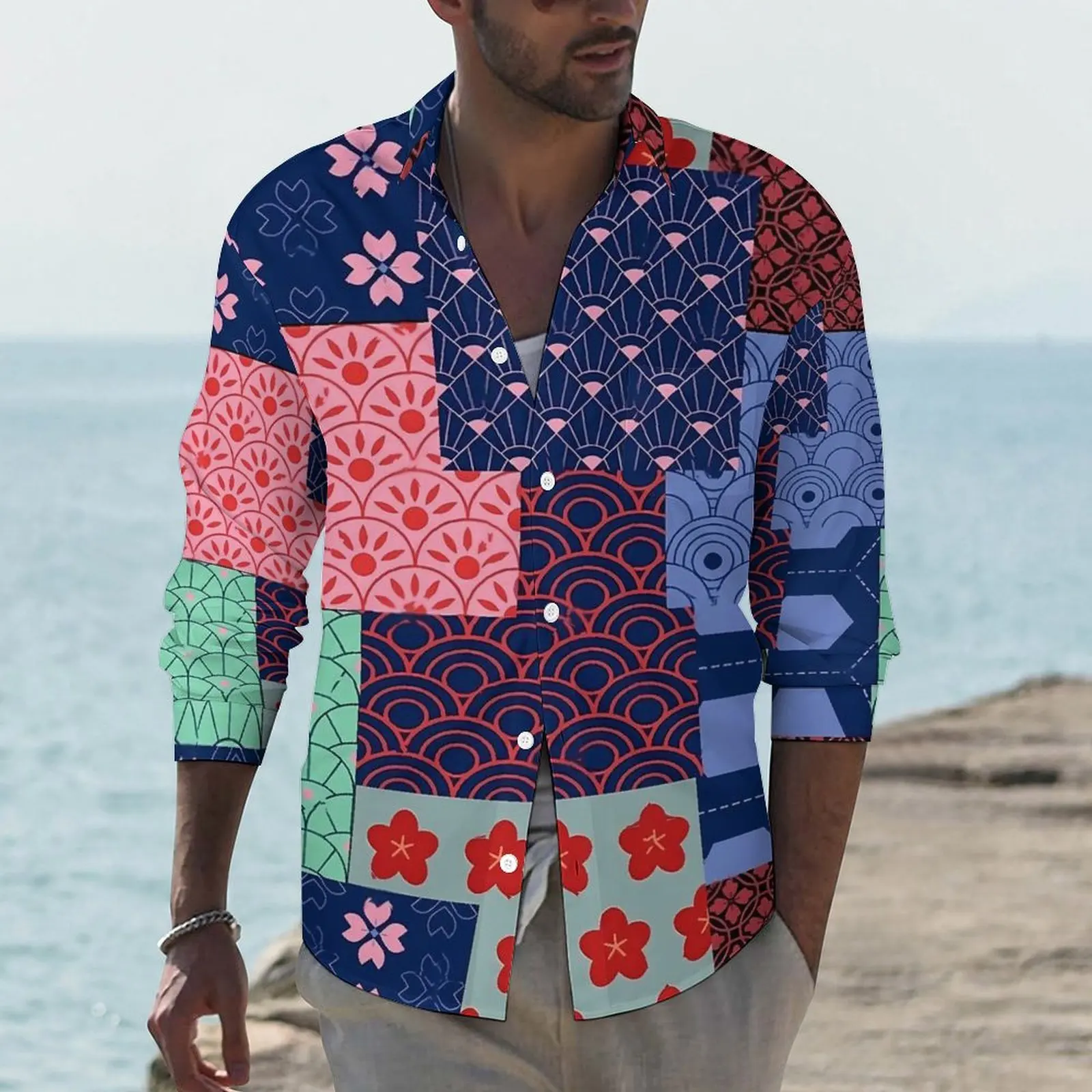

Patchwork Print Shirt Man Japanese Waves and Flowers Casual Shirts Spring Street Custom Blouses Long Sleeve Oversize Clothes