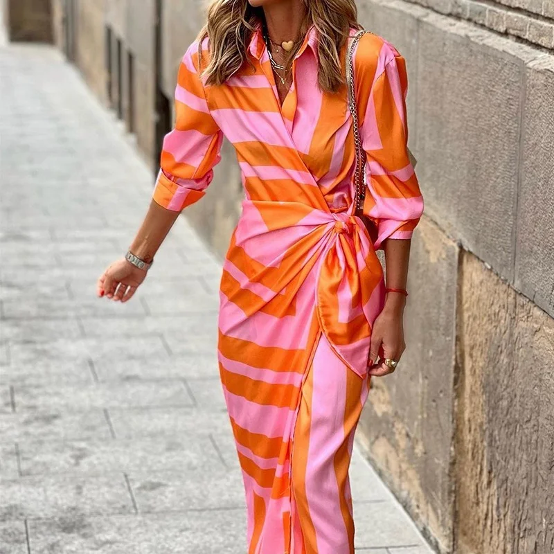 

Spring Summer Fashion Print Business Dress Blouse Tie Striped Skirt Casual Robe Y2k Streetwear Women Elegant Office Midi Dresses