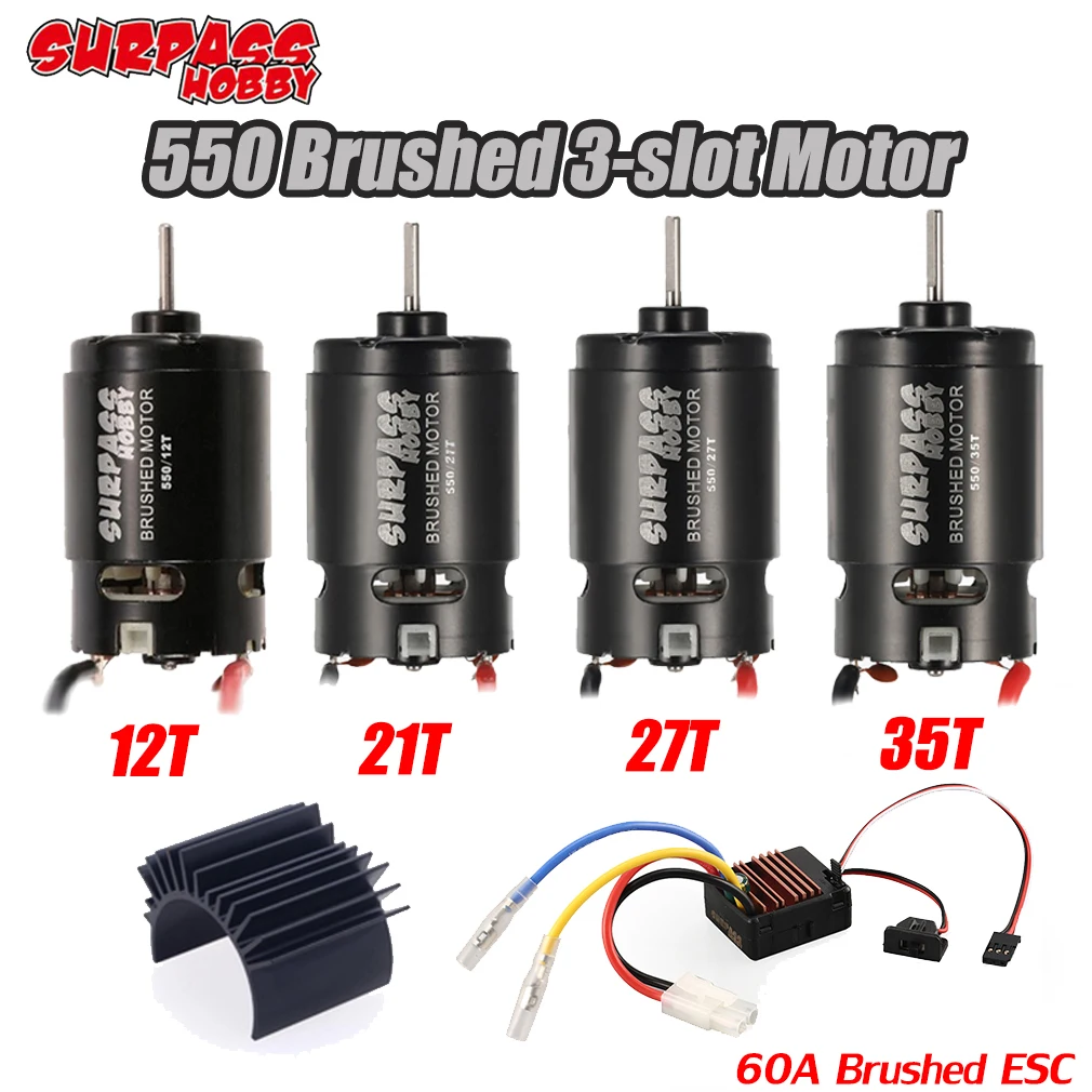 Щеточный двигатель Surpass Hobby 550, 12T, 21T, 27T, 35T, 3 слота, 60A, щеточный радиатор ESC для радиоуправляемого внедорожника 1/10, HSP, HPI, Kyosho, TRAXXAS