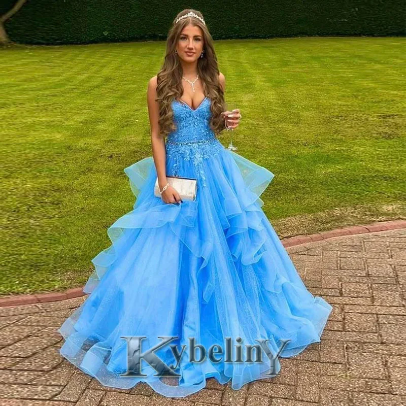 

Kybeliny Blue V-Neck Evening Dresses Pleated Tulle Applique Prom Robe De Soiree Graduation Celebrity Vestido Fiesta Women Formal