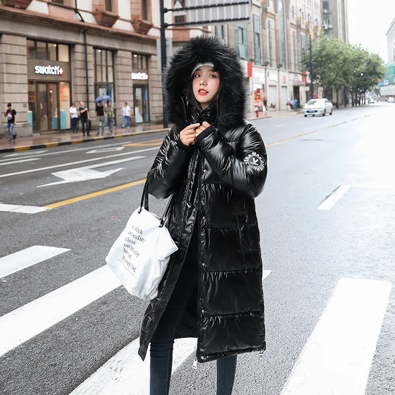 Winter Cotton-padded Women's New Korean Version Wash-free Fox Fur Collar Thickened Long Pearl Shiny Down Padded Coat