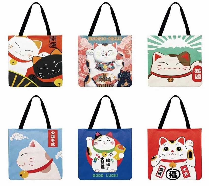 

Japanese Lucky Cat Printed Tote Bag Linen Febric Casual Tote Foldable Shoulder Shopping Bag Reusable Women Beach Bag