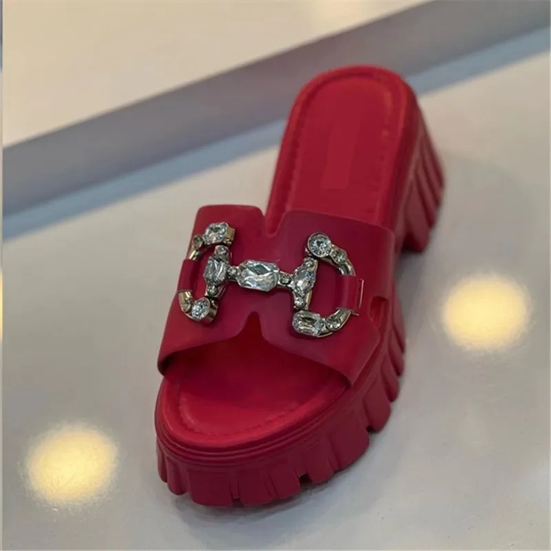 

2023 Woman New Square Heels Slippers Thick Sole Mules Rhinestone Metal Buckle Summer Chunky Heels Slides Lady Platform Shoes