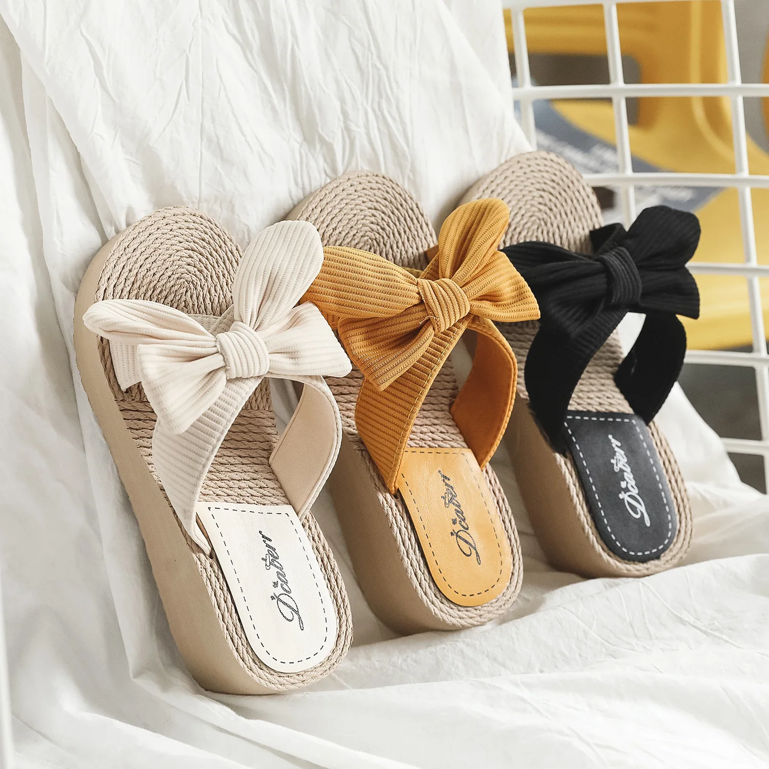 

Shoes Ladies' Slippers Women Heels Pantofle On A Wedge Shale Female Beach Butterfly-Knot Luxury Slides Med High 2023 Sabot Summe