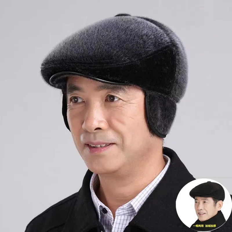 

Winter Men's Warm Ear Protection Hat Dad Hat Cold Proof Plus Velvet Thickened Beret Son Fur Cap Caps Beanie Korean Fashion Man