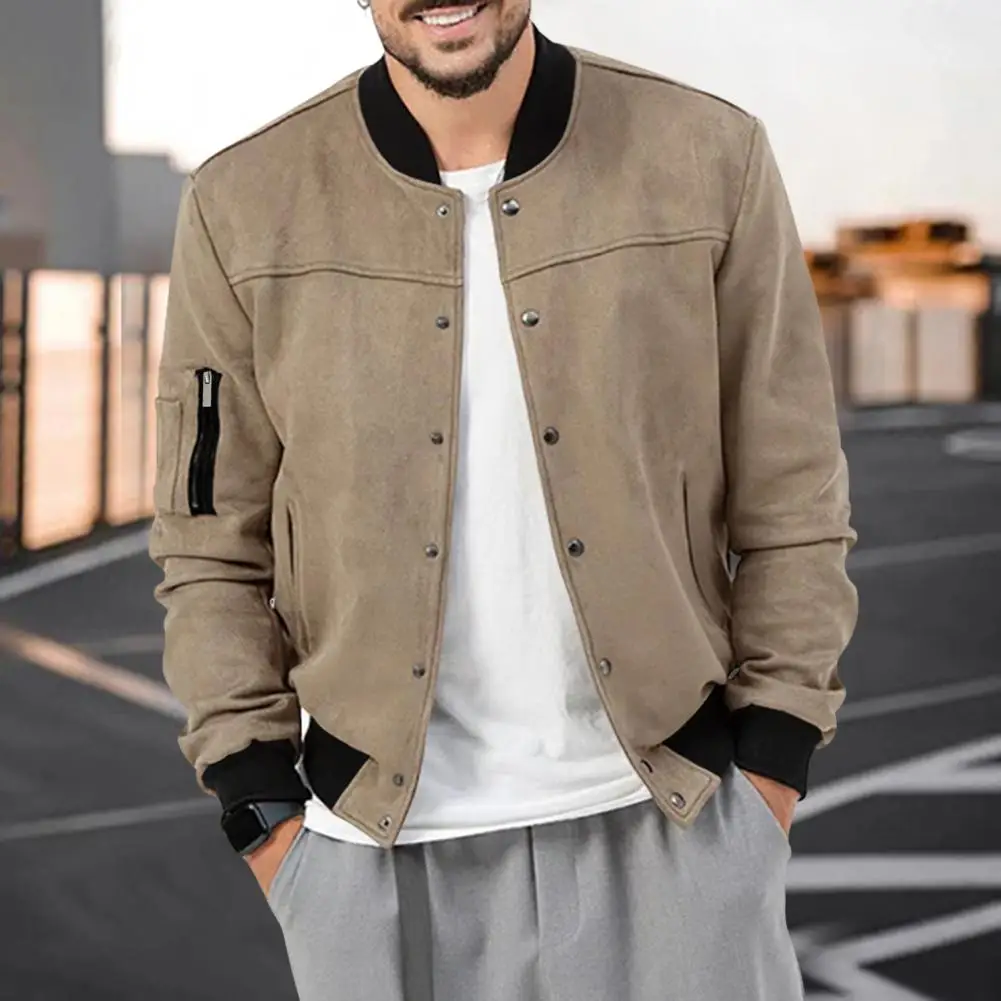 

Men Fall Spring Coat Stand Collar Single-breasted Men Coat Elastic Cuff Soft Faux Suede Mid Length Cardigan Jacket