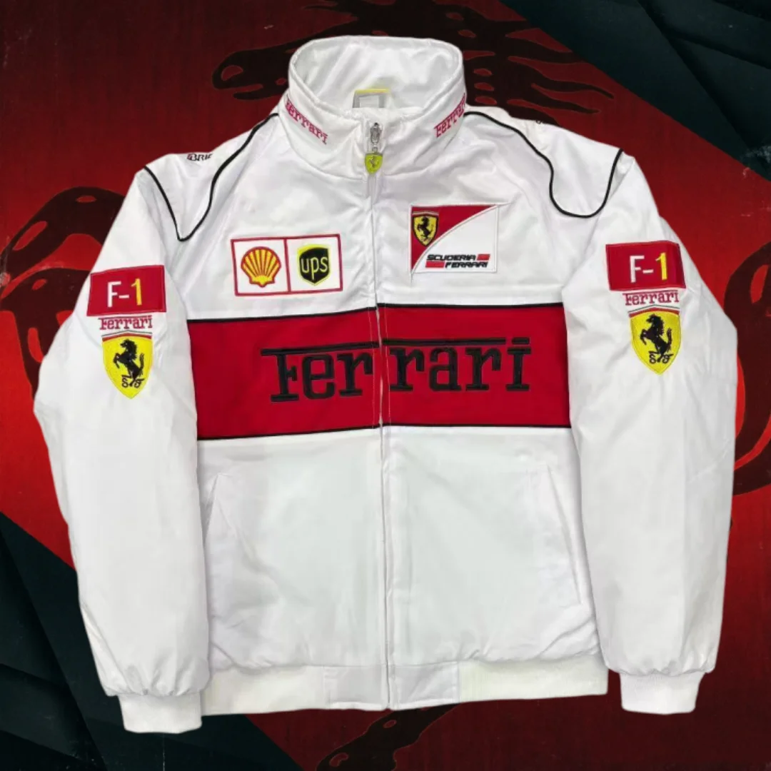 Фото Высококачественная хлопковая куртка Ferrari F1 с вышивкой, с внутренней подкладкой, ветрозащитная, доступна в тонком и плотном вариантах. №1