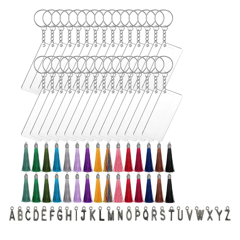 

Набор пустых акриловых брелоков для ключей, прямоугольные диски-украшения, Красочные кисточки для украшения поделок и поделок своими рукам...