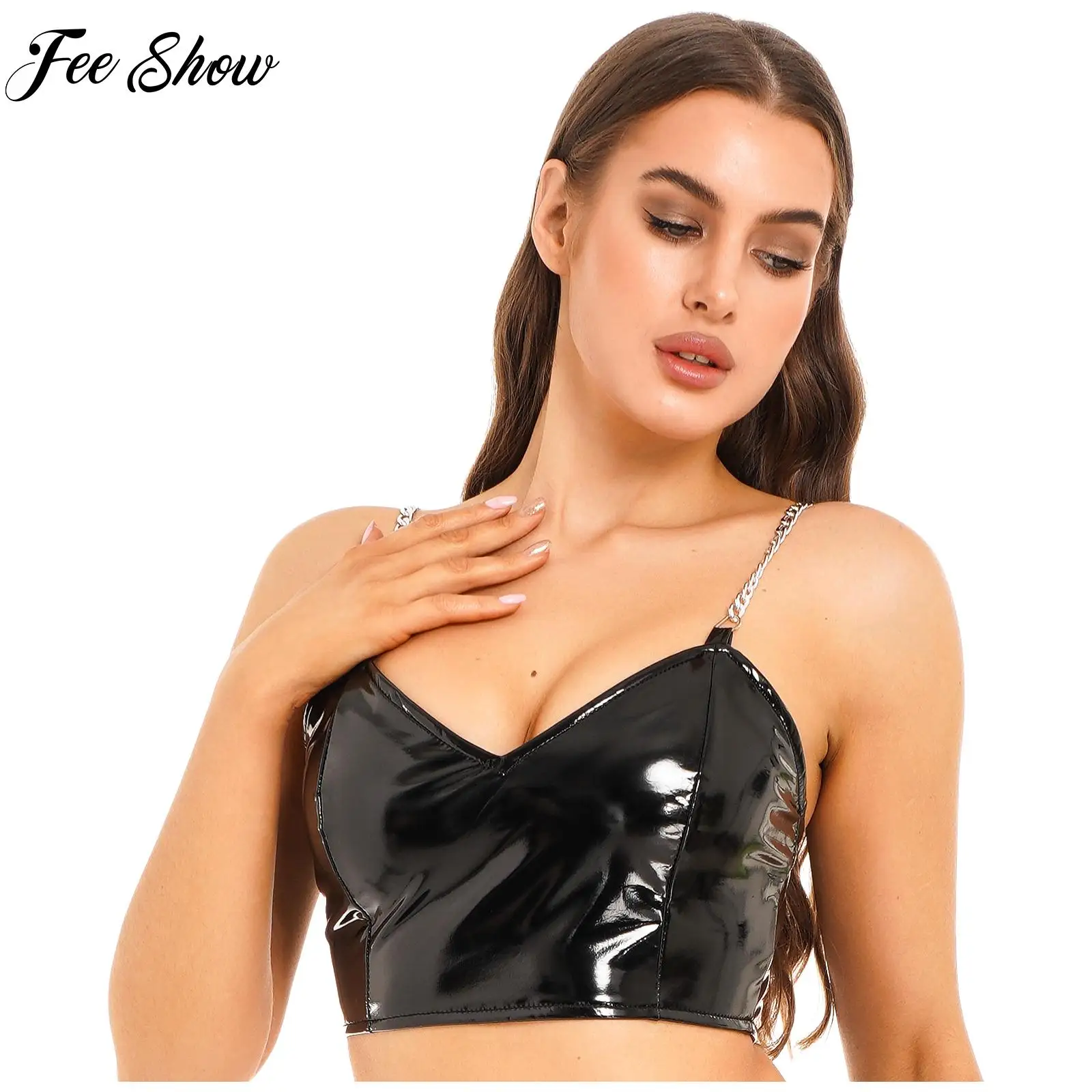 

Fashion Womens Wet Look Patent Leather Camisole Sexy V-Neck Metal Chain Shoulder Straps Crop Top Zipper Back Vest Tops Clubwear