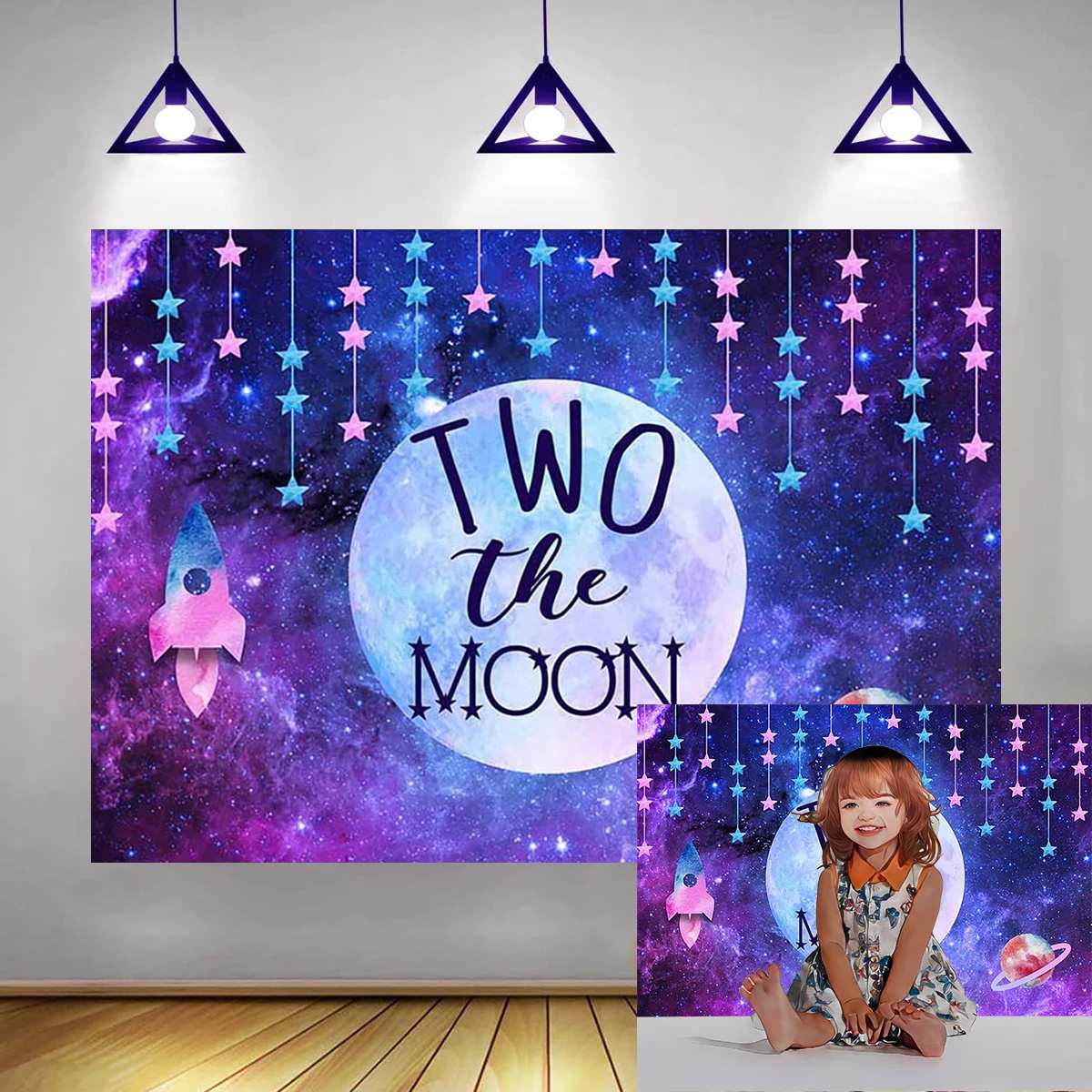 

Happy 2th Birthday Two The Moon Rocket Universe Galaxy Theme Party Decorations Backdrop Photography Cake Smash Dream Future Star