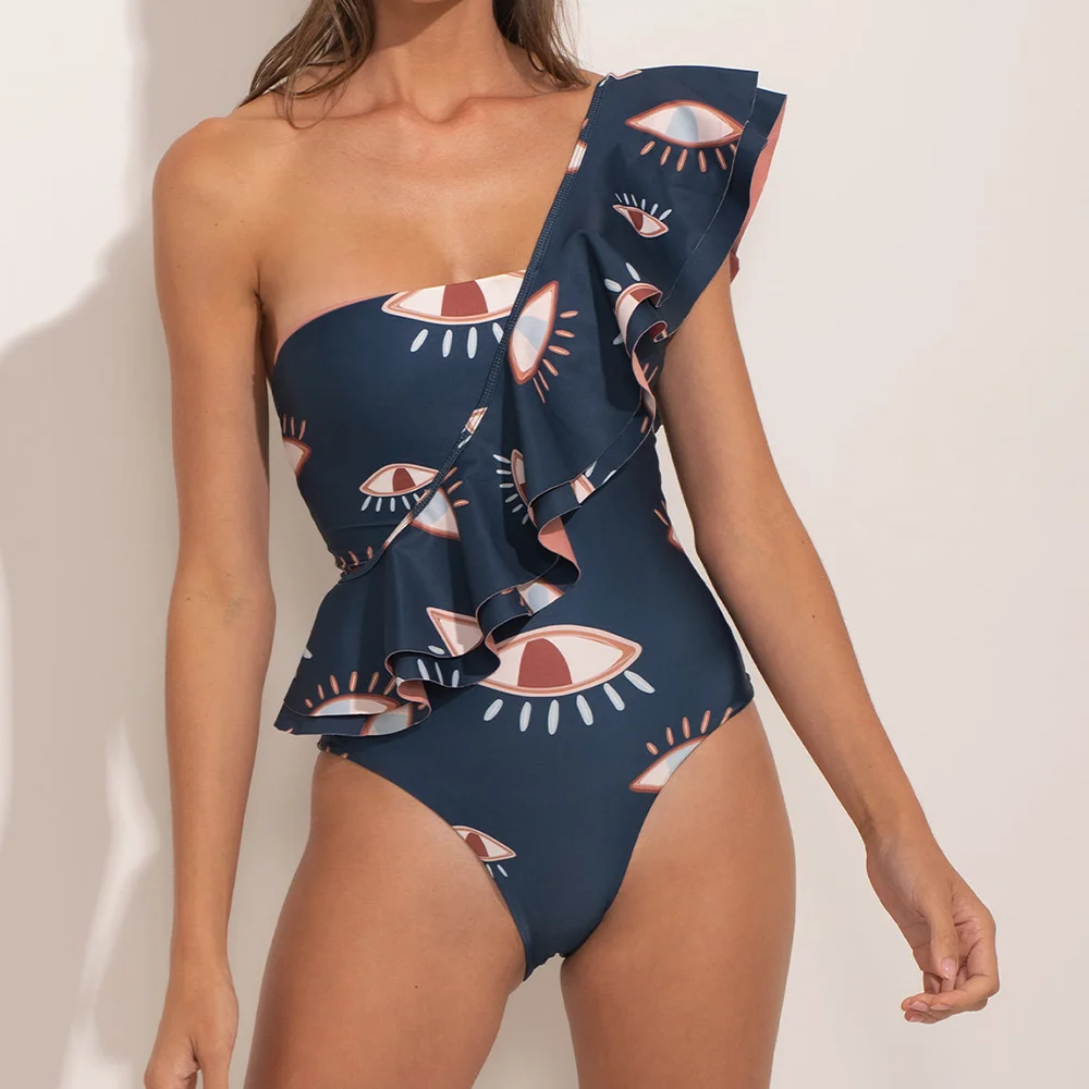 

Fashion Printed Ruffled Shoulder Swimsuit Holiday Beachwear Asymmetrical Backless Bikini High Waist Cut Beachwear Push-Ups