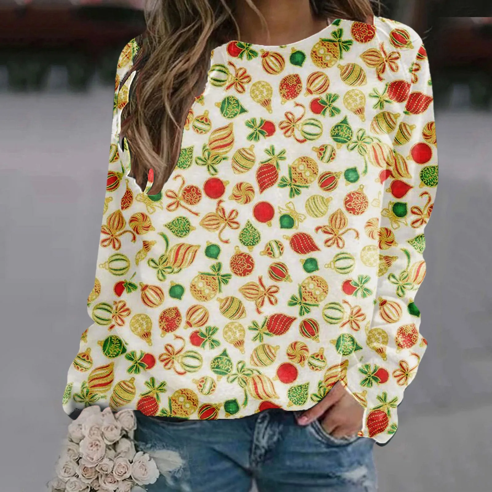 

Женские рождественские Свободные повседневные флисовые костюмы с длинным рукавом, круглым вырезом и принтом снежинок на осень и зиму