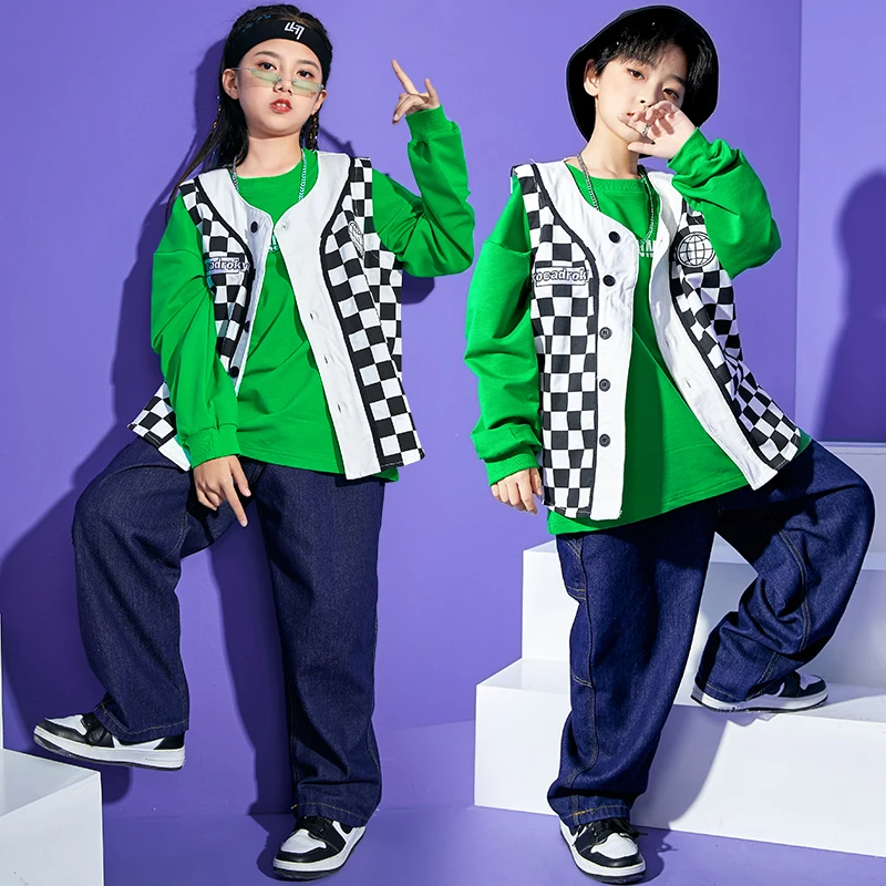 

Kids Show Clothes Hip Hop Clothing Sweatshirt Checkered Sleeveless Jacket Loose Pants For Girls Boys Competitions Dance Costume