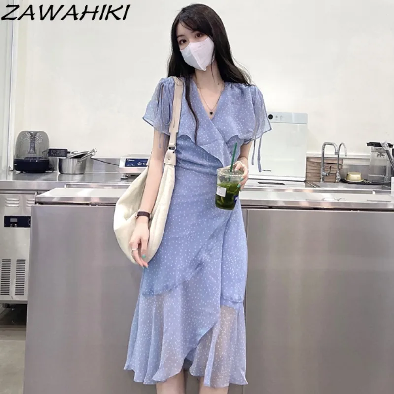 

ZAWAHIKI Dress for Women Short Sleeve Ruffles Dot Print V Neck 2022 Summer Lace Up Vestido De Mujer Elegant Sweet Chic Dresses