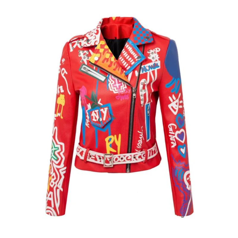 New leather jackets womens spring autumn street short coats lapel slim motorcycle long-sleeved graffiti belt red jaqueta feminin