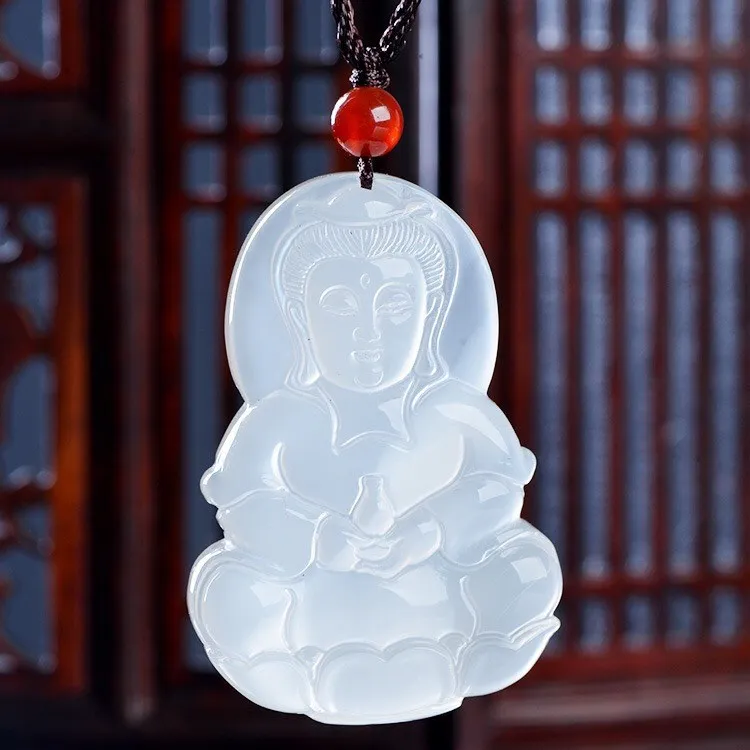 Natural High Ice White Agate Chalcedony Guanyin Bodhisattva Pendant Men's Simple and Versatile Pendant Jewelry