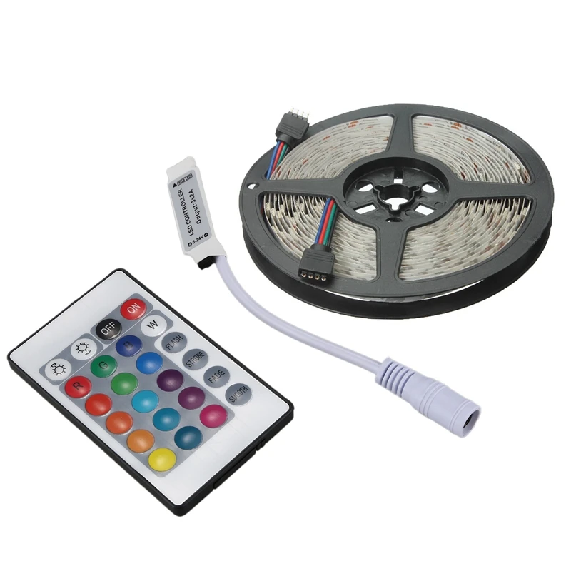 

1Pcs 24 Buttons Mini IR Remote Controller For RGB LED Strip & 1Pcs 5M RGB 300 5050 LED Flexible Light Strip Non-Waterproof DC12V