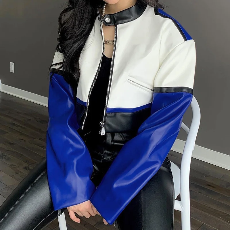 Street Trend Short Leather Jacket Ins Niche Design Biker Jacket Hundred Personality Collision Color Top