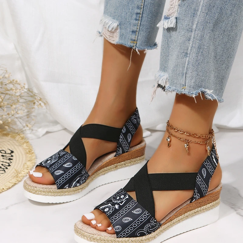 

2022 Women's Thick Bottom Fashion Wedges Sandals Peep Toe Ladies Cross-tied Slides Open Toe Female New Woman Shoes Plus Size
