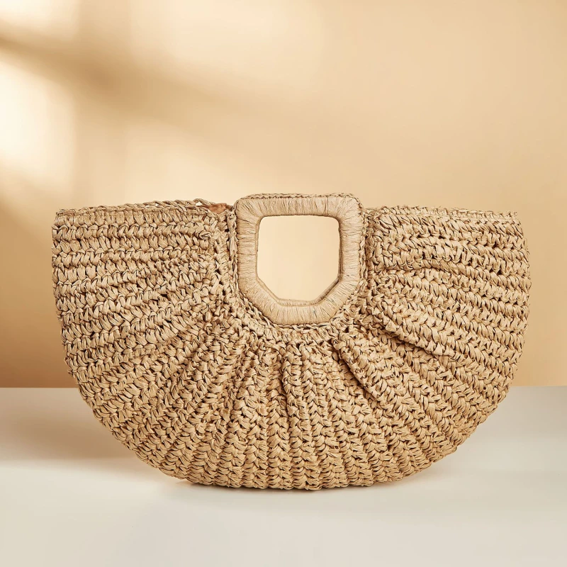 

Women's Handbag Simple and Solid Color Vacation Beach Handheld Moon Shape Bag Photo Taking Vintage Casual Straw Woven Bag