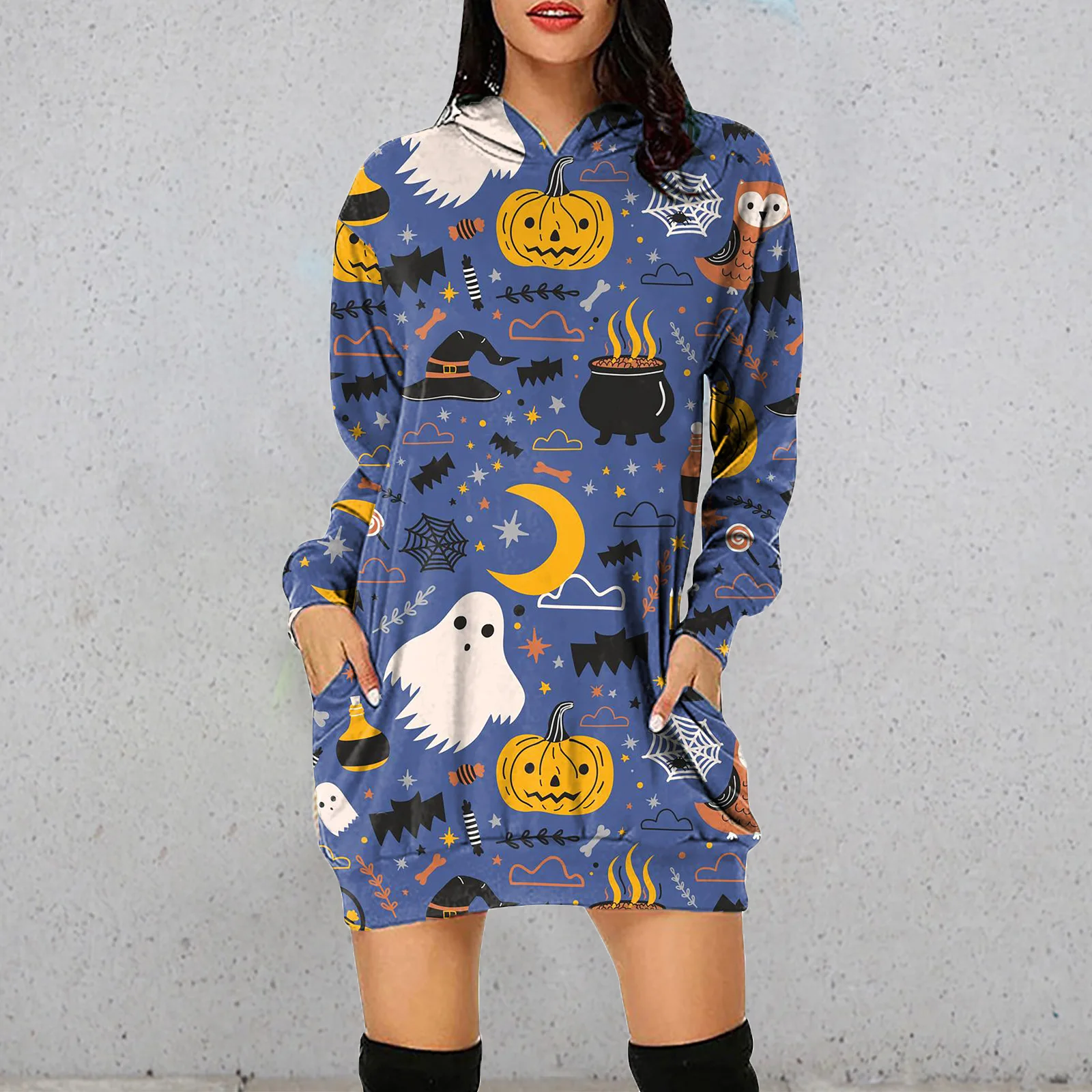 

Halloween Women Sweatshirt Dress Hooded Long Sleeve Print Loose Casual Hoodies Dress Pullover Tops Streetwear Y2k