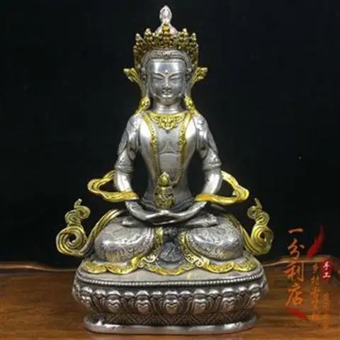 Тибетская Тантра старая серебряная позолоченная статуя Будды Непал долголетие