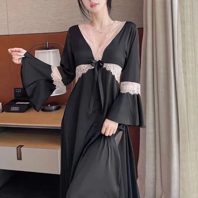 

Женская тонкая кружевная ночная рубашка, сексуальная Шелковая пижама с длинным рукавом и V-образным вырезом, весна-лето