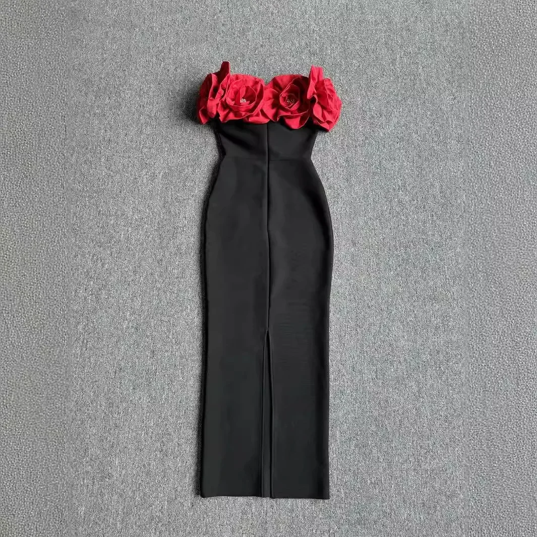 Красное модное облегающее повседневное длинное платье без бретелек рукавов с