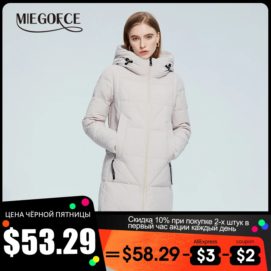 

MIEGOFCE 2022 Зима новая женская хлопковая стеганая одежда капюшон холодостойкость длинный куртка однотонный дизайн длинное женское пальто ветр...