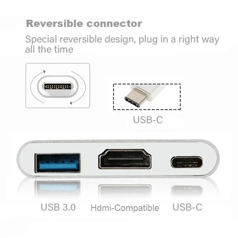 Фото 3 в 1 USB C-HDMI-совместимый адаптер USB 3.1 Концентратор типа C для зарядки Samsung S23 Ultra Huawei Xiaomi Ноутбук Macbook №5