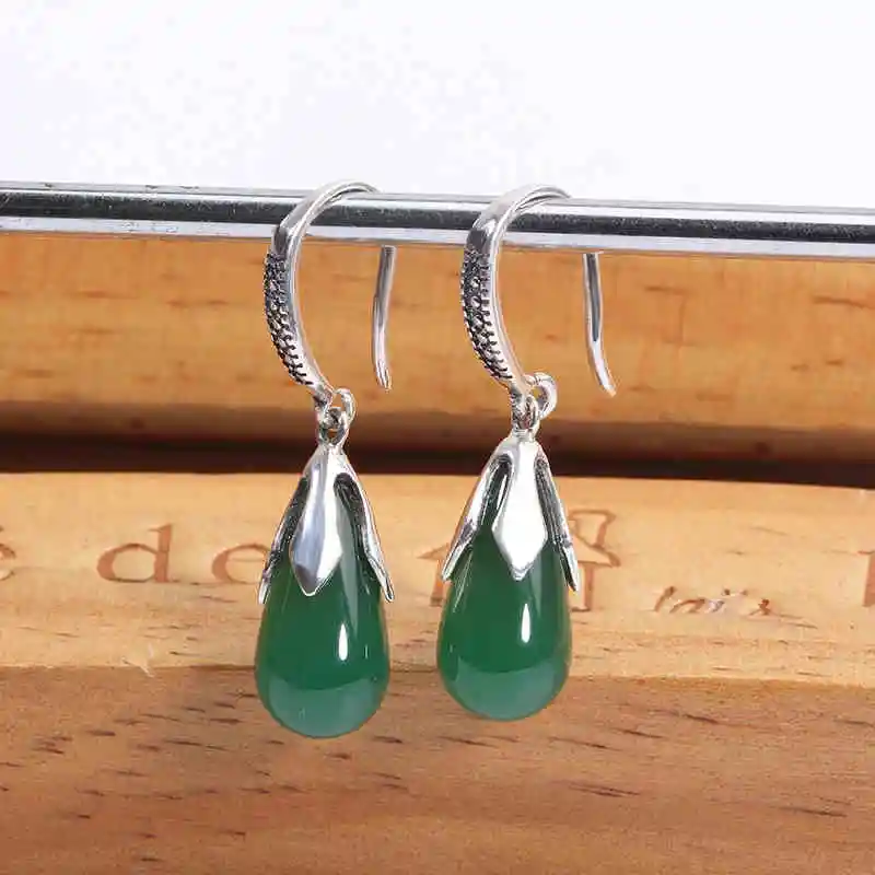 Женские серьги из серебра 100% пробы Винтажные натурального халцедона с