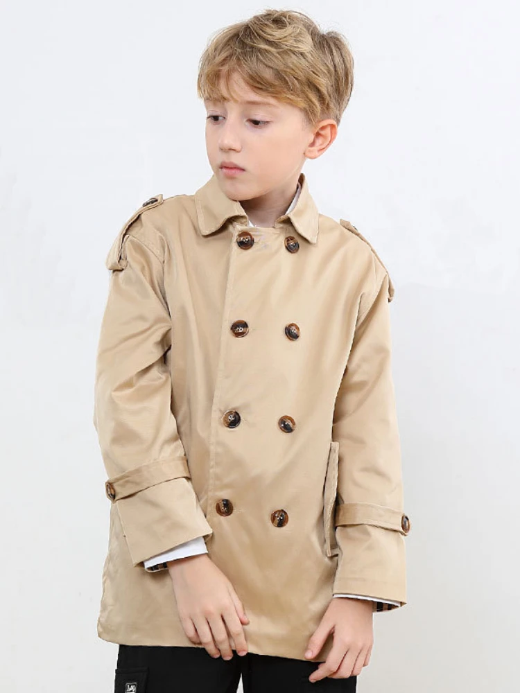 

2022 Khaki Jacket for Boys Double-Breasted Design Children Outerwear Kids Trench Coat for Teen Boys 2-14 Years Casual Windreaker