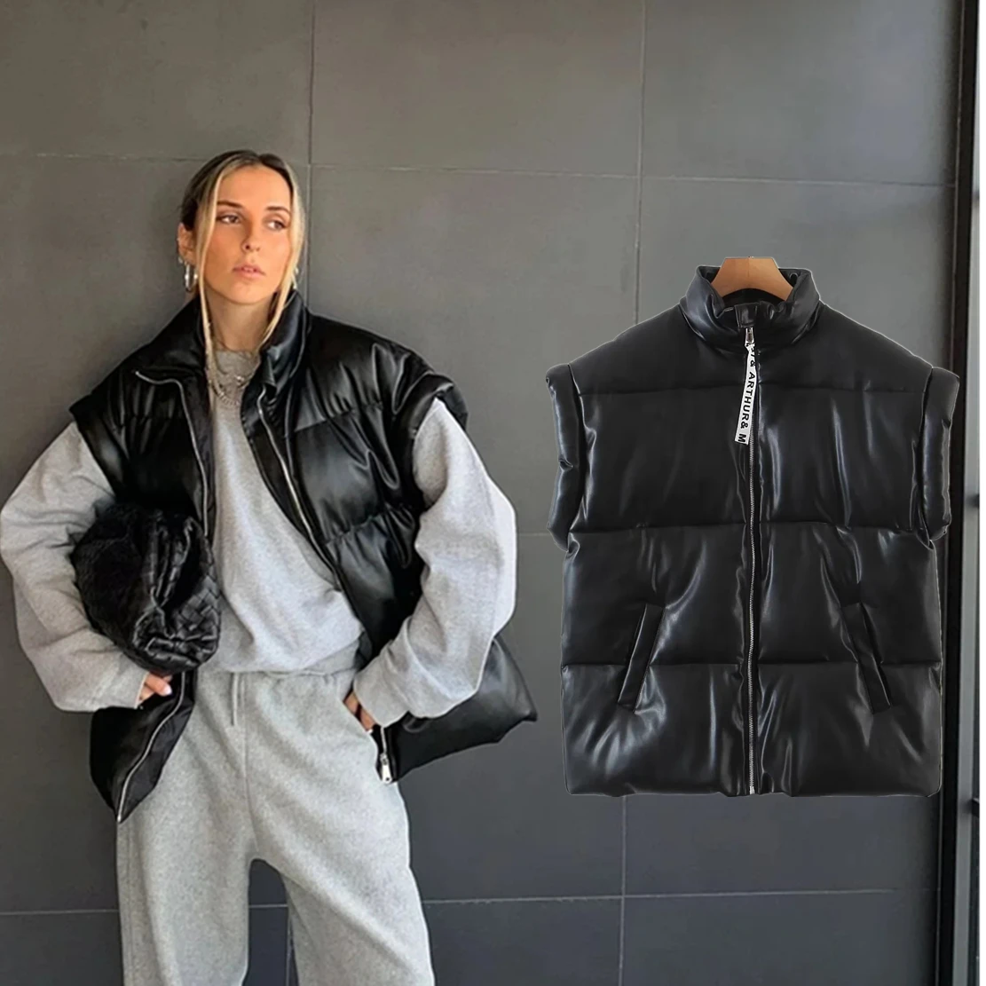 

Withered 2023 Ins Blogger Fashion Vintage Loose PU Leather Sleeveless Jacket Women Vest Coat Women Tops