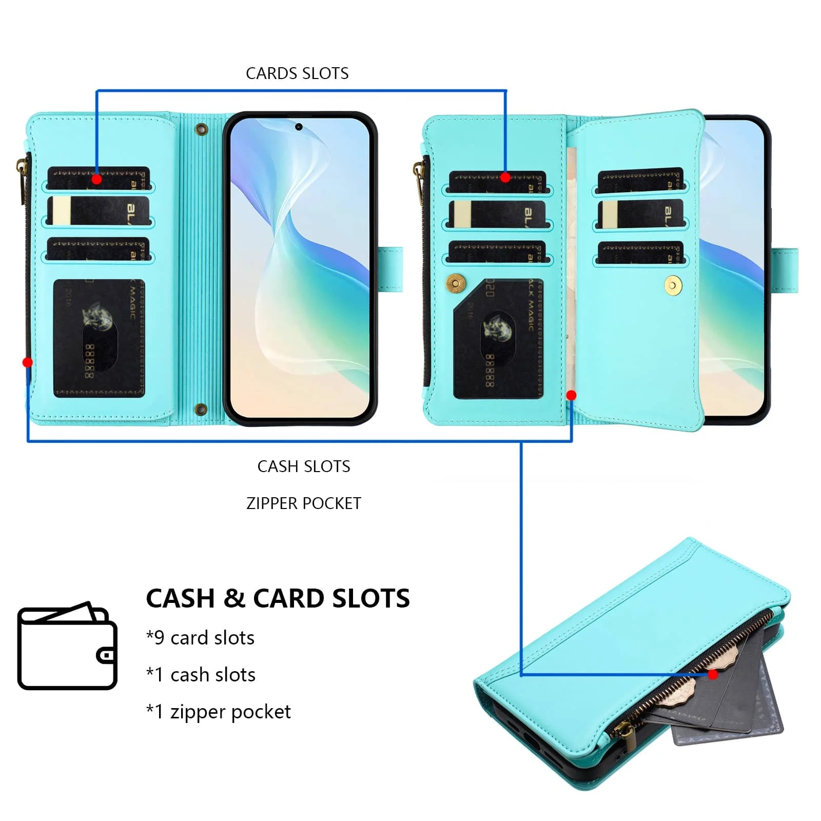 Фото Чехол-кошелек для Samsung Galaxy A15 A16 A25 A32 A36 A53 A56 A73, с RFID-защитой, подставкой, откидной крышкой, ремешком на запястье и держателем для карт №2