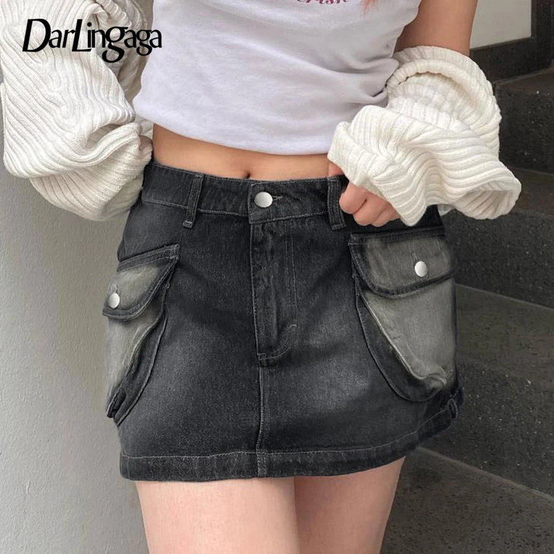 

Darlingaga Vintage Streetwear Pockets Y2K Cargo Skirt Female Summer Distressed Washed Harajuku Mini Denim Skirt Gothic Clothing