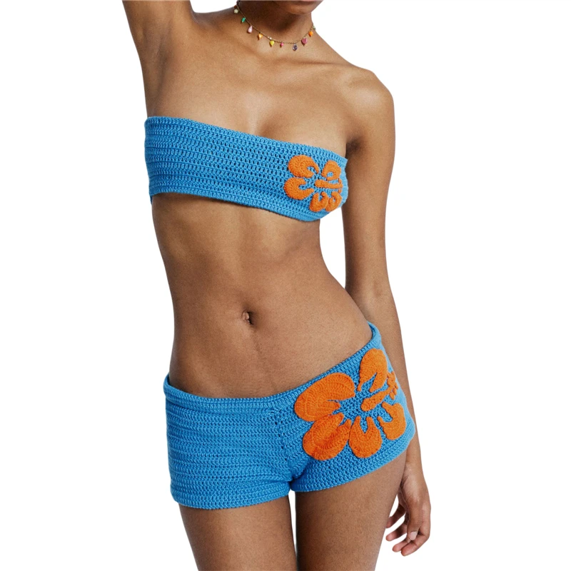 

Комплект пляжных шорт для женщин, облегающий Топ без бретелек с цветочным принтом, с открытыми плечами и низкой талией, модная одежда y2k