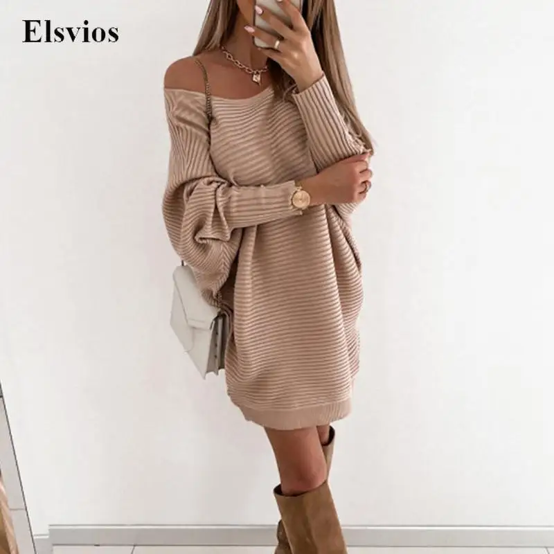 

Sexy Off Shoulder Long Sleeve Sweater Dress Solid Women Casual Loose Pullover Knit Dress Fashion Office Lady Daily Mini Dresses