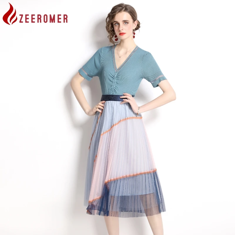 

2023 Summer New Fashion Runway 2 Piece Set Women V-Neck Short sleeve Knitted Top + Elastic Waist Contrast Mesh Skirt Casual Suit